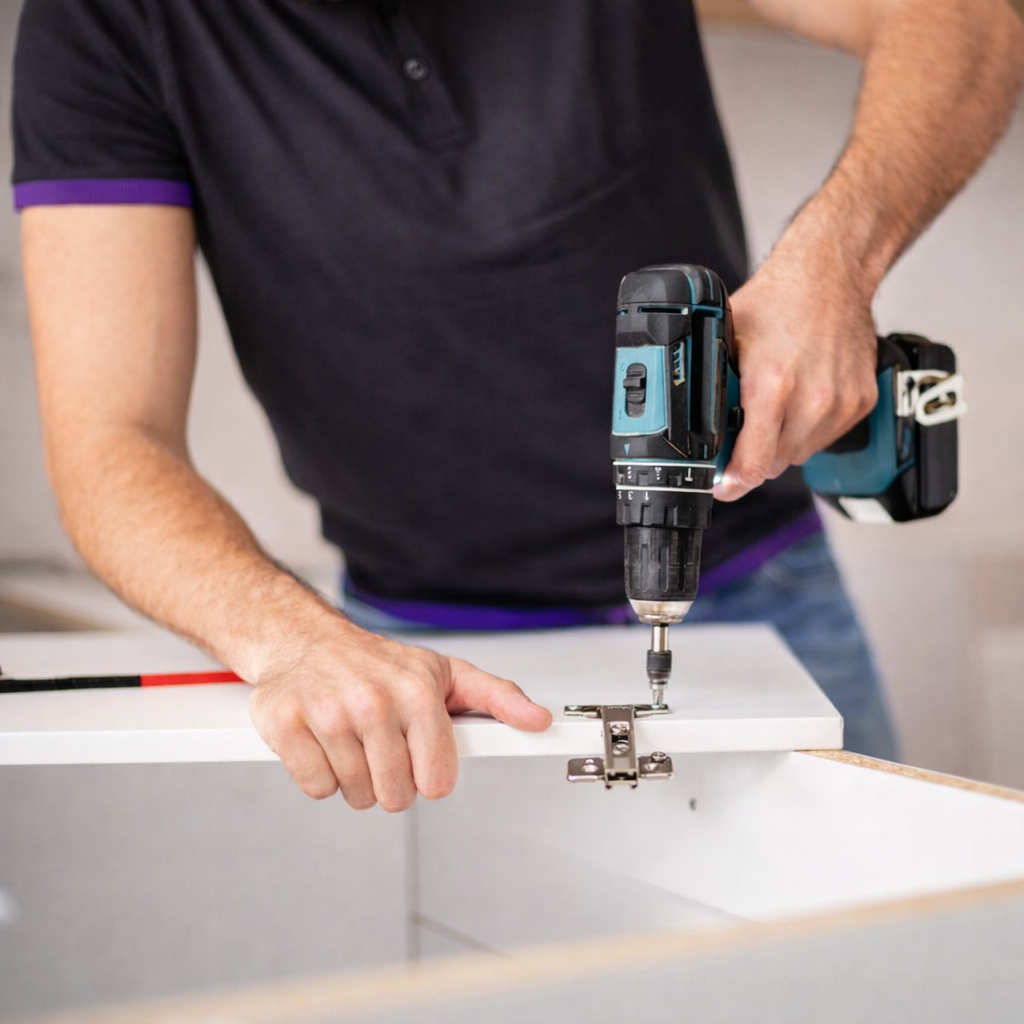 Elleisha's Property Services and Support (EPSS) handyman drilling hinges on the cupboard