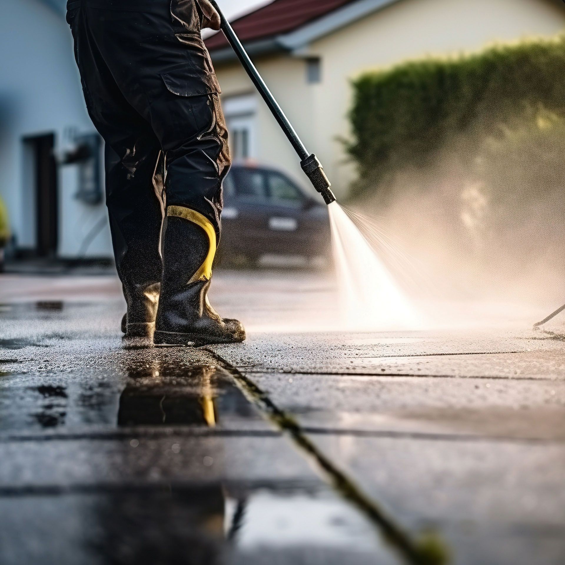 Person power washing a wet concrete surface outside a house.