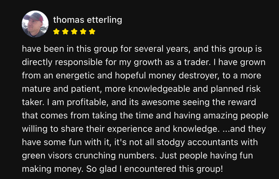 A customer review with 5 stars by Thomas Etterling. Text describes positive growth in trading skills and enjoyment of the group.