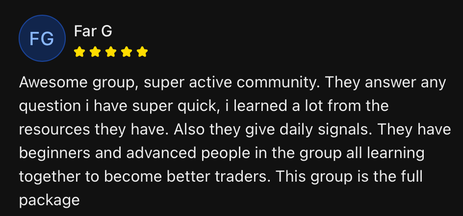 A review by Far G, rating a group with five stars. It describes the group as awesome and helpful for traders.