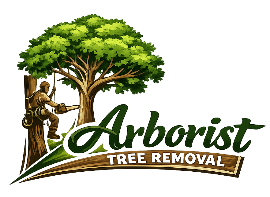Arborist logo: A person with a chainsaw trims a tree, green leaves, brown trunk, and "Arborist Tree Removal" text.