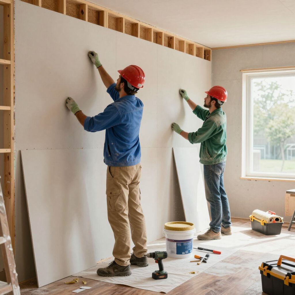 Two workers in hard hats install drywall in a room under construction.