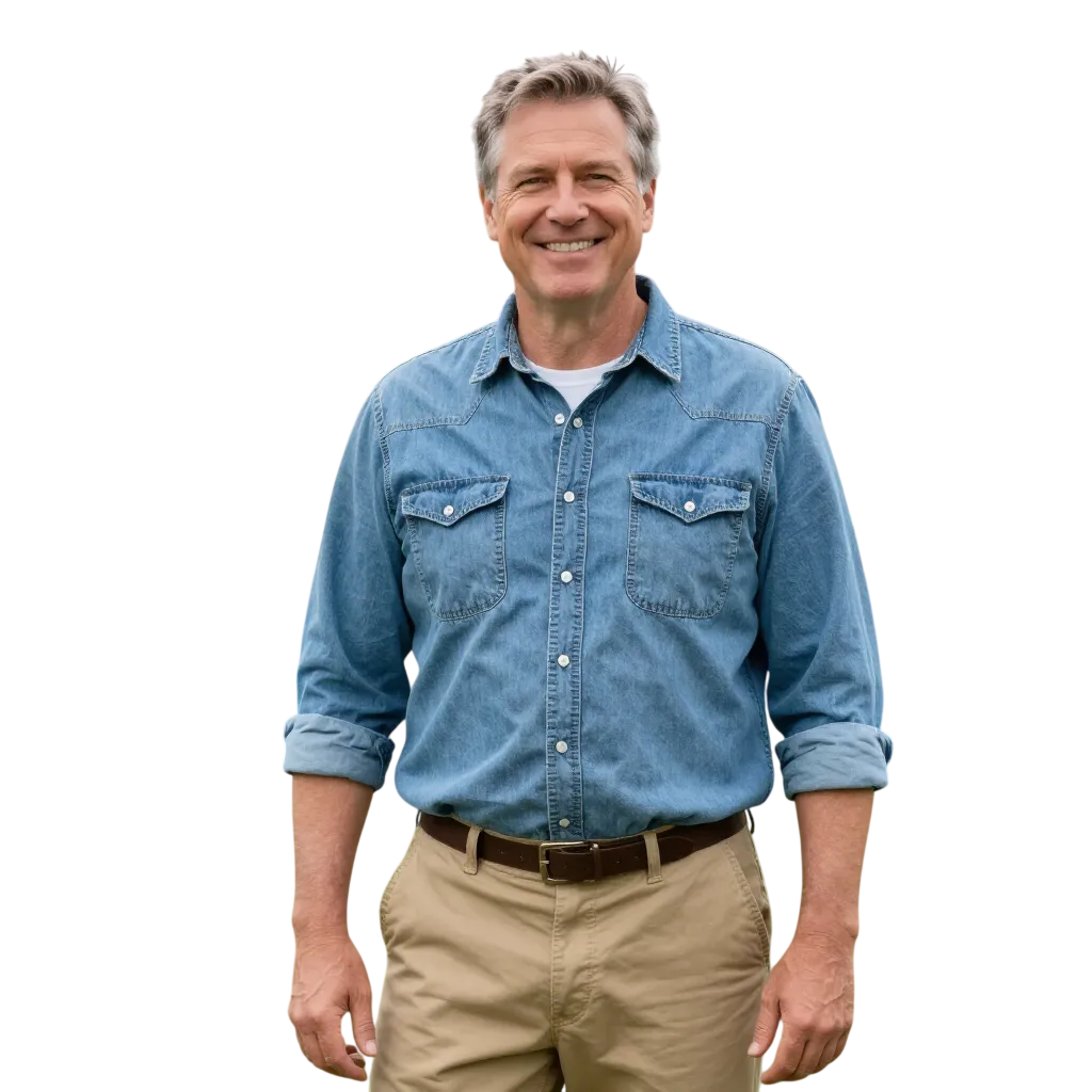 Man smiling in denim shirt and khaki pants.