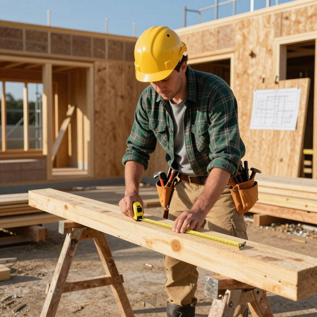Carpenter in yellow hard hat measuring wood on a construction site.