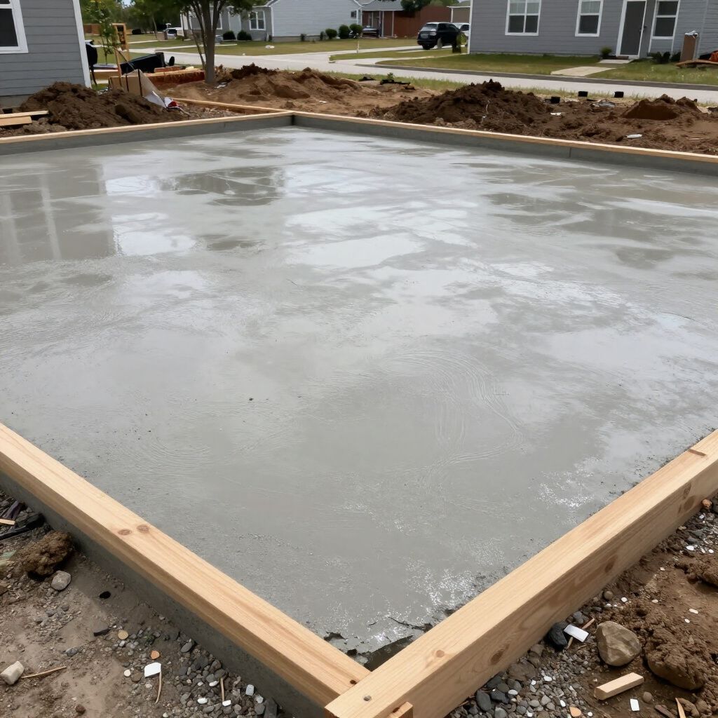 Freshly poured concrete slab within a wooden frame, in an outdoor setting.