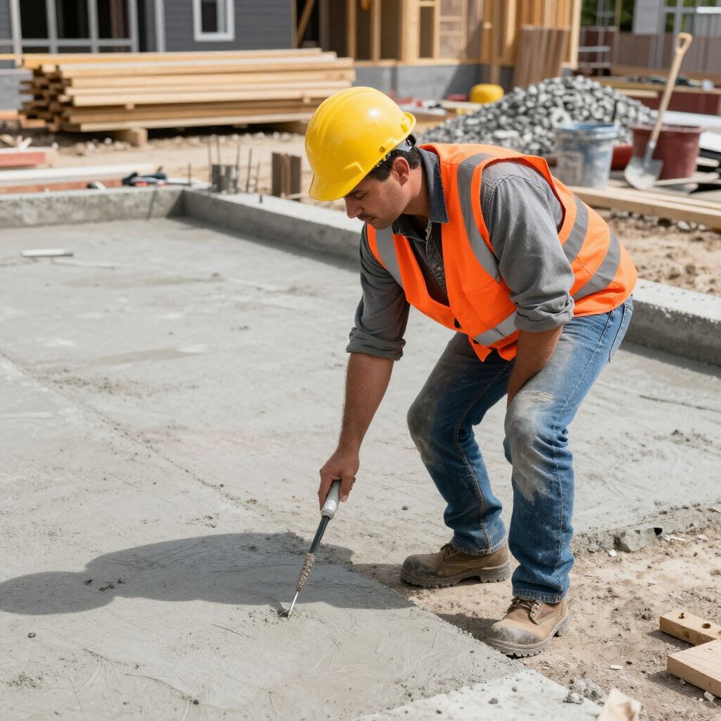 Construction worker leveling wet concrete with a tool, wearing a hard hat and safety vest at a construction site.