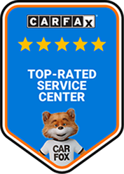 Carfax Top-Rated Service Center award badge with five stars and a smiling fox wearing a Carfax shirt. | Autobahn Performance, Inc.