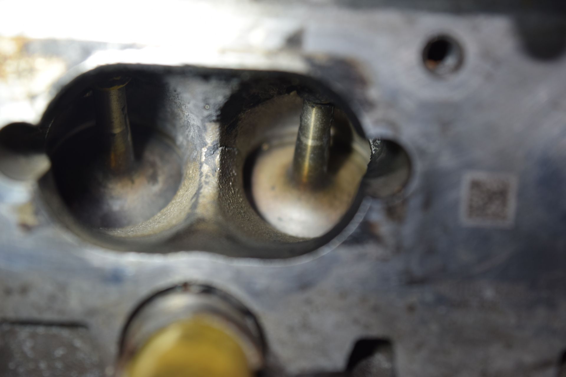 Engine cylinder head, showing two valve stems within rounded chambers. | Autobahn Performance Inc