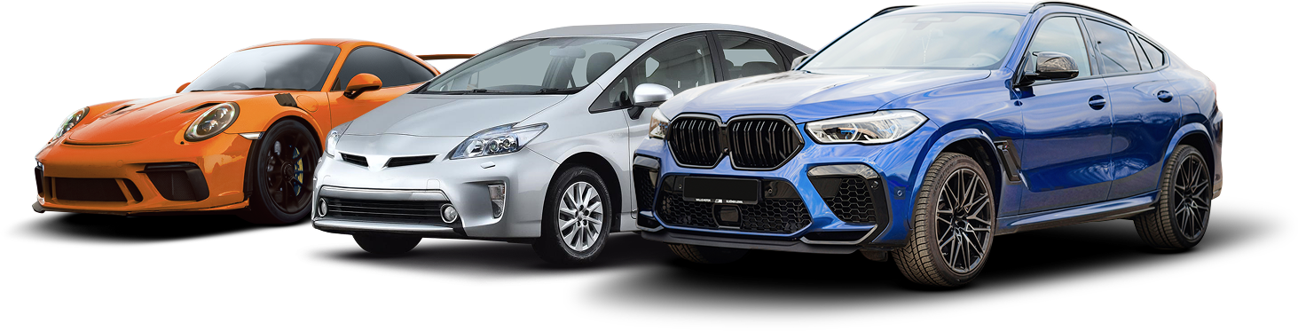 White Lamborghini SUV and red Dodge Challenger. | Autobahn Performance Inc