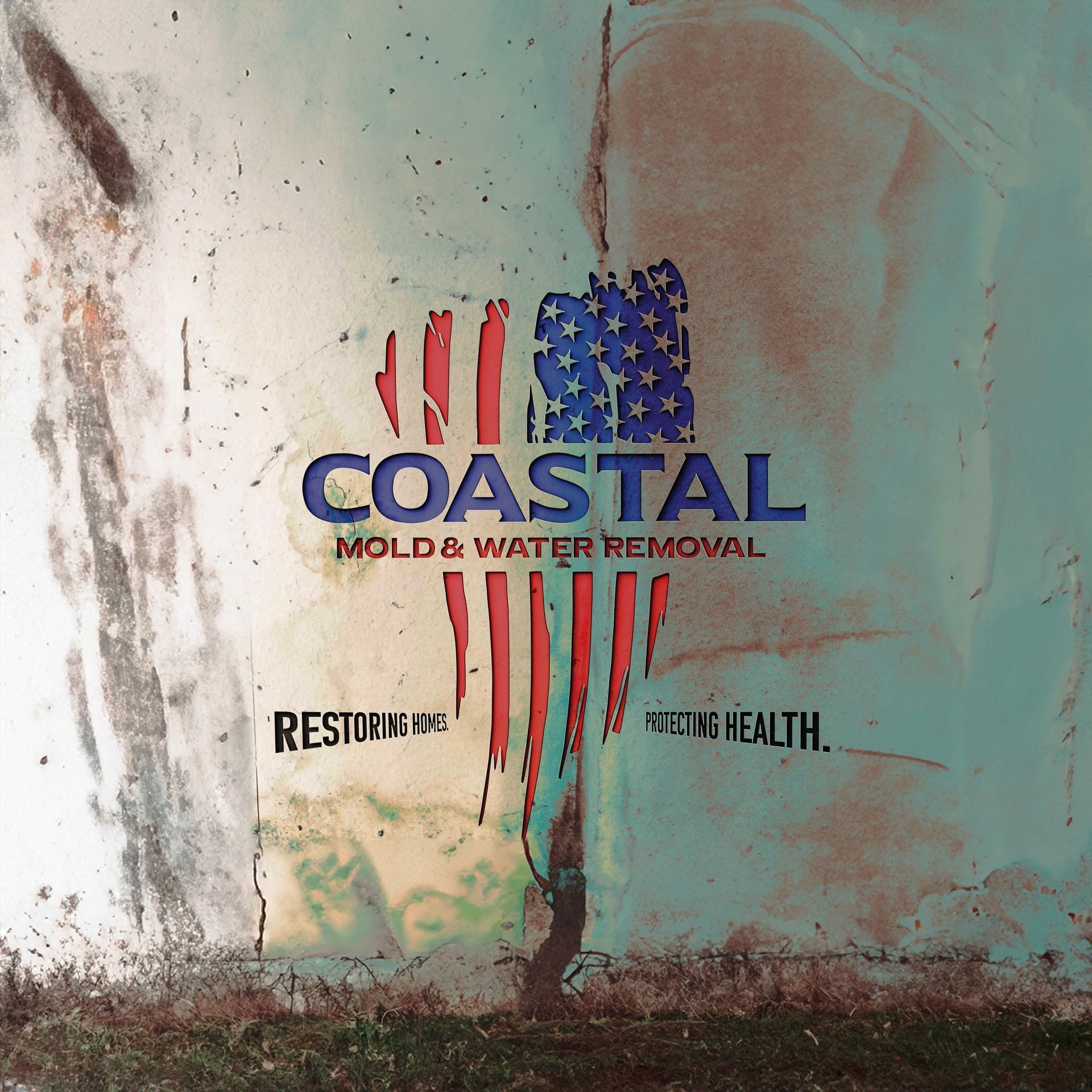 A coastal mold and water removal sign on a wall