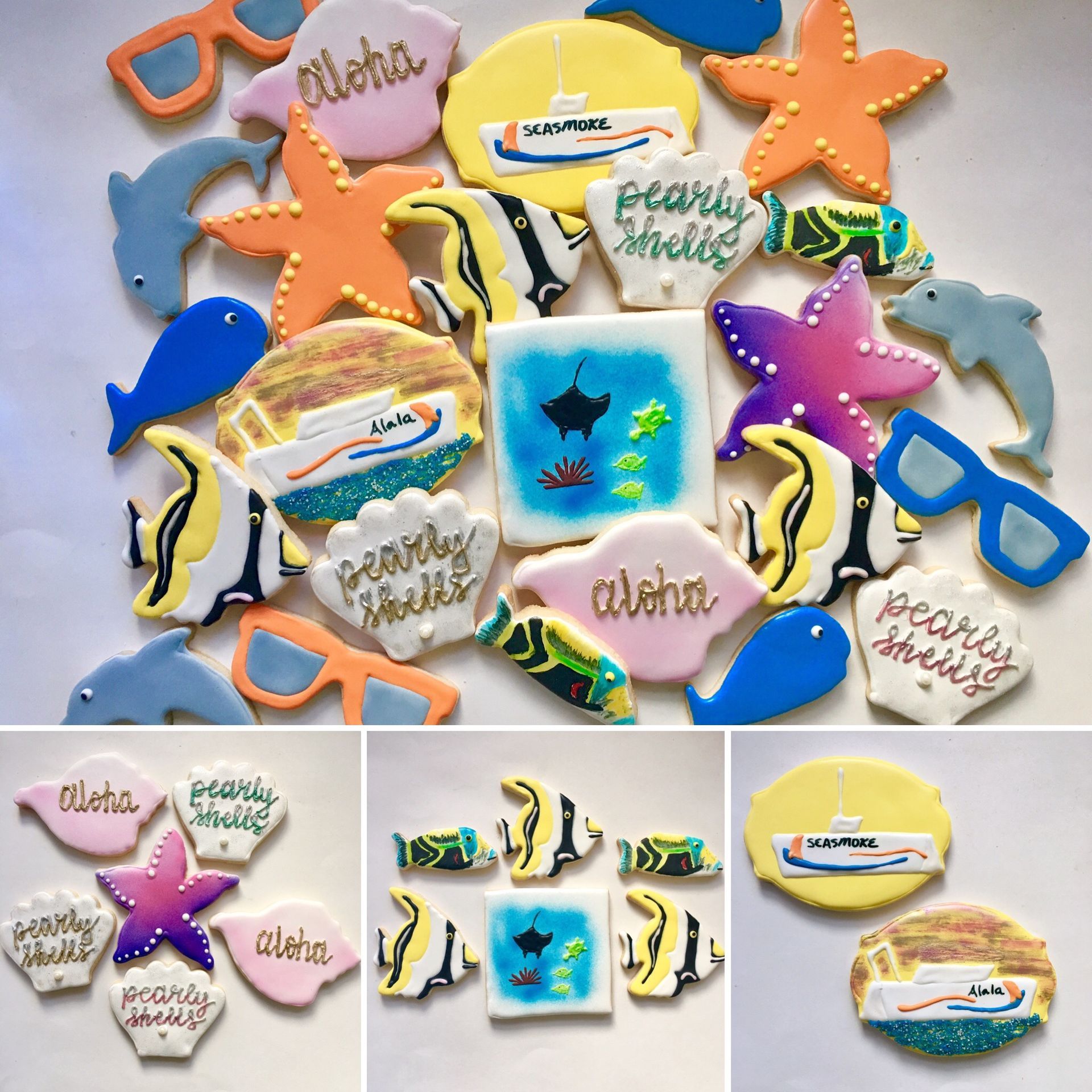 Colorful ocean themed sugar cookies shaped like marine life and sunglasses.