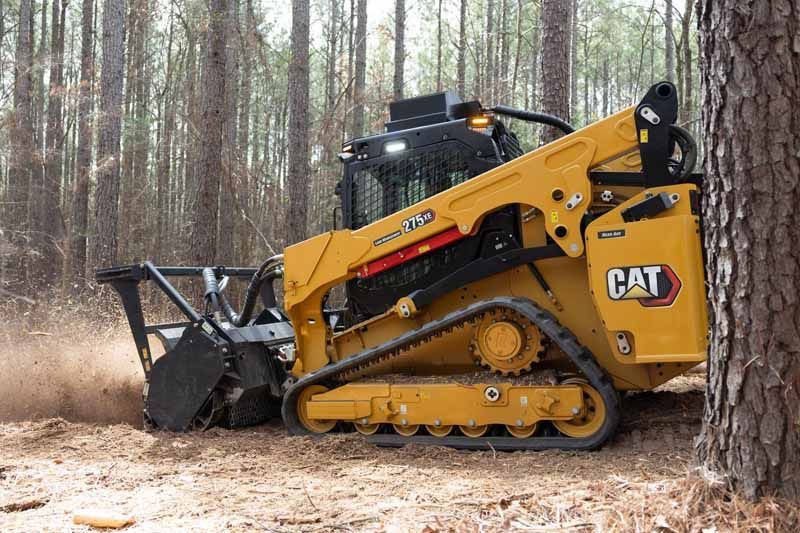 A yellow Caterpillar compact track loader mulches brush in a pine forest.
