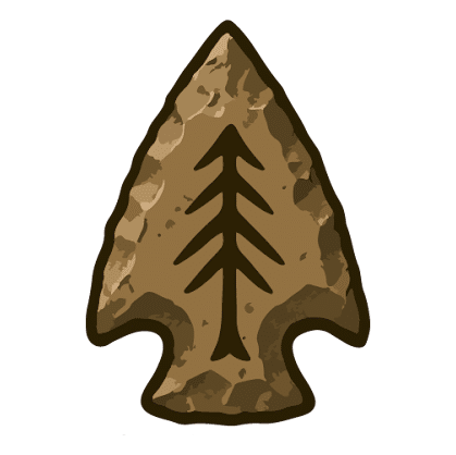 A brown, stone-textured arrowhead icon featuring a stylized, dark-colored evergreen tree in the center.