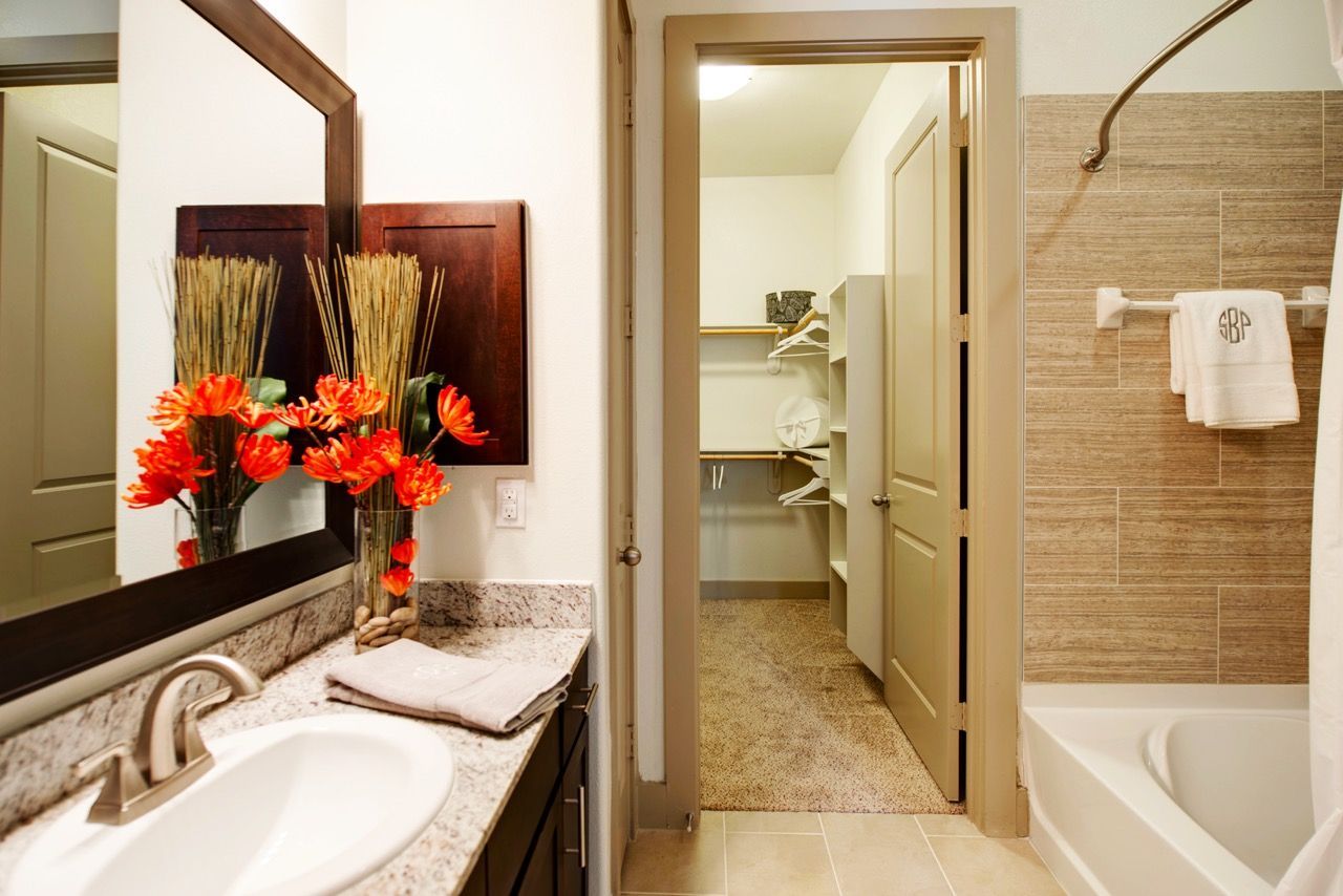 Bathroom with sink, mirror, towels, tub, and a walk-in closet visible through the doorway.