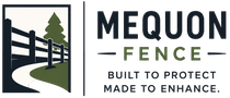 Mequon Fence Logo with Fence Path Graphic, Tree Icon, Tagline, and Company Name in Mequon, WI