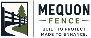 Mequon Fence Logo with Fence Path Graphic, Tree Icon, Tagline, and Company Name in Mequon, WI