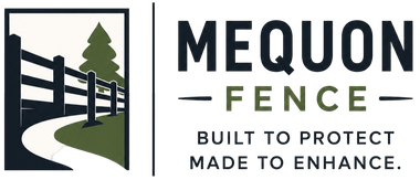 Mequon Fence Logo with Fence Path Graphic, Tree Icon, Tagline, and Company Name in Mequon, WI