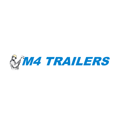 Logo of M4 Trailers: A welder, blue 