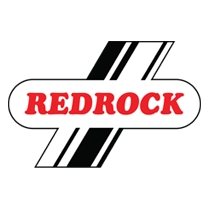 Redrock logo: red text within a white oblong; black and white lines diagonally behind.