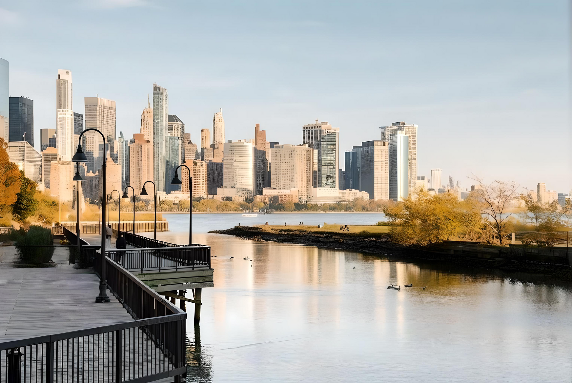 A city skyline is visible over a body of water