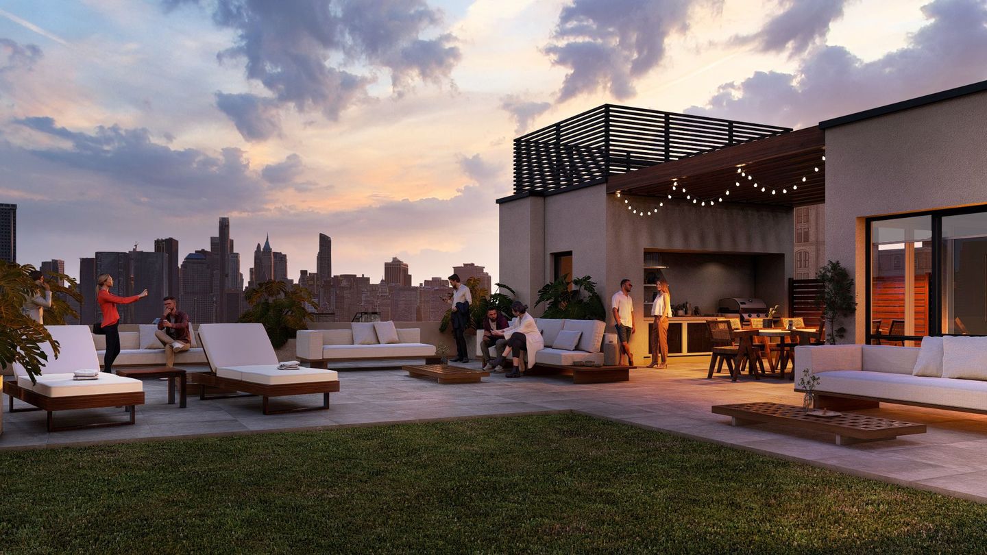 An artist 's impression of a rooftop terrace with a city skyline in the background.