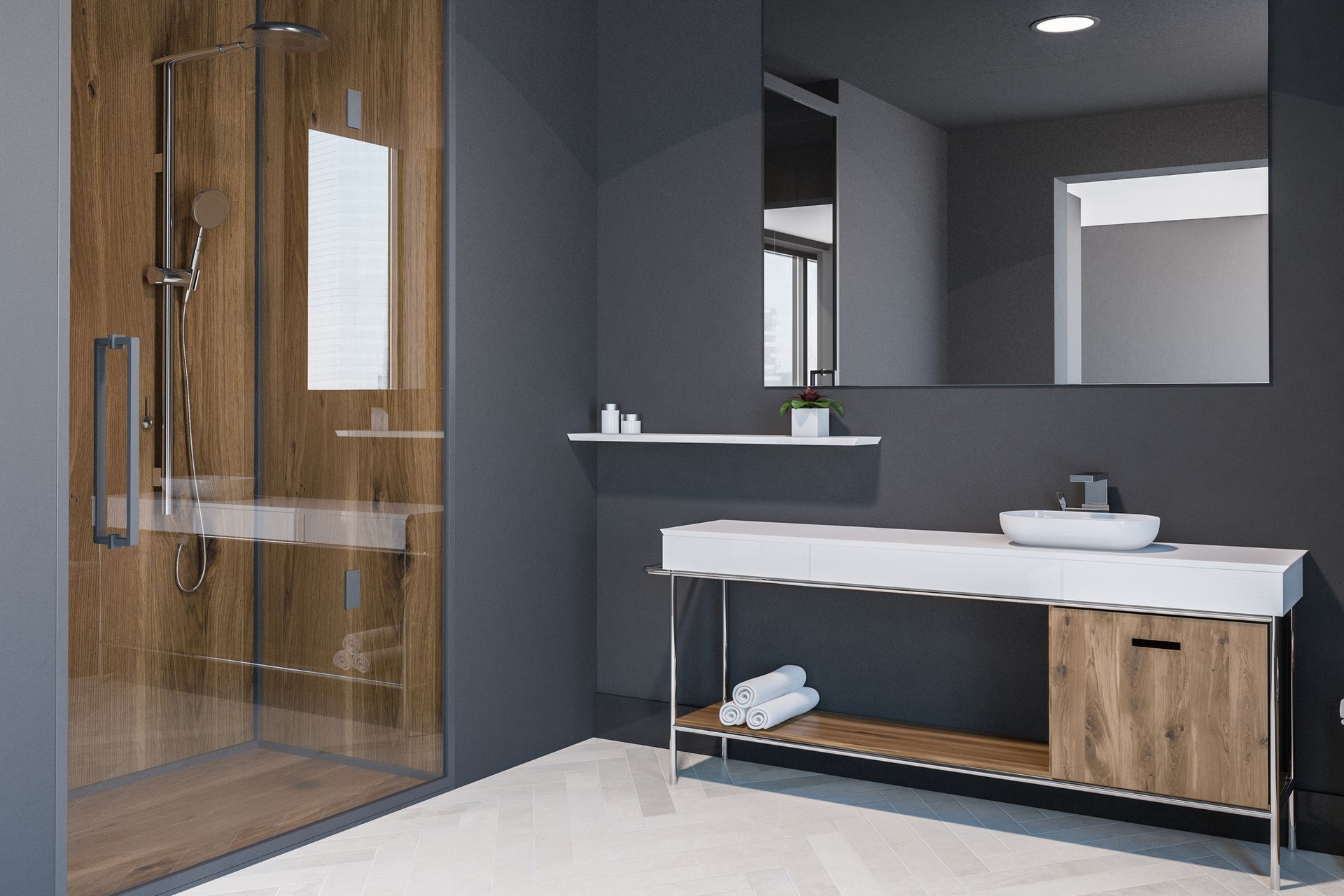 Scandinavian-style bathroom representing expert bathroom remodeling with sleek grey finishes. Scandinavian-style bathroom representing expert bathroom remodeling with sleek grey finishes.