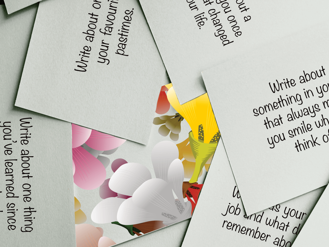 A collection of writing prompts printed on cards