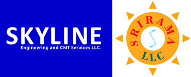 Logo for Skyline Engineering and CMT Services LLC next to a yellow sun-shaped logo for Srirama LLC.