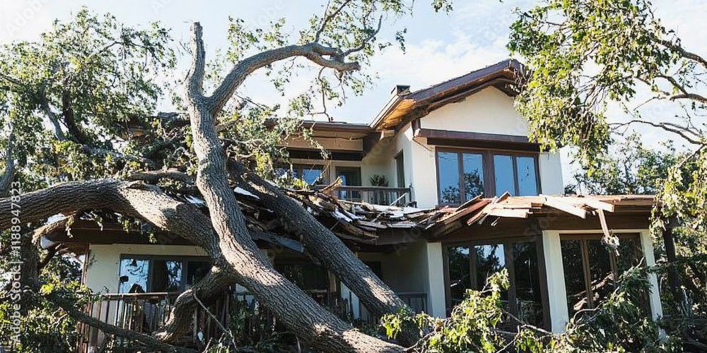 A large tree has fallen and crushed the roof and porch of a two-story house, causing significant structural damage.