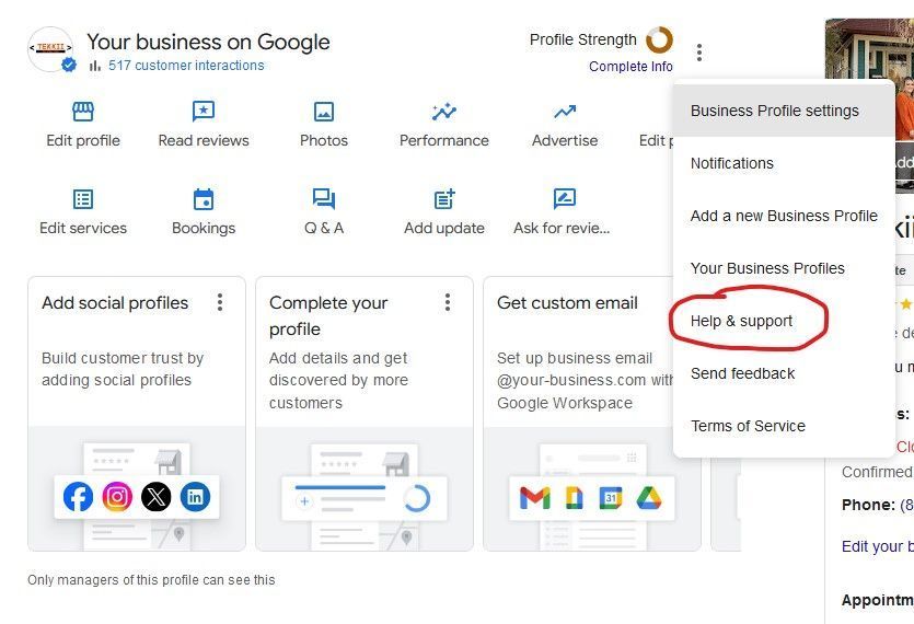 Google Business Profile interface showing 