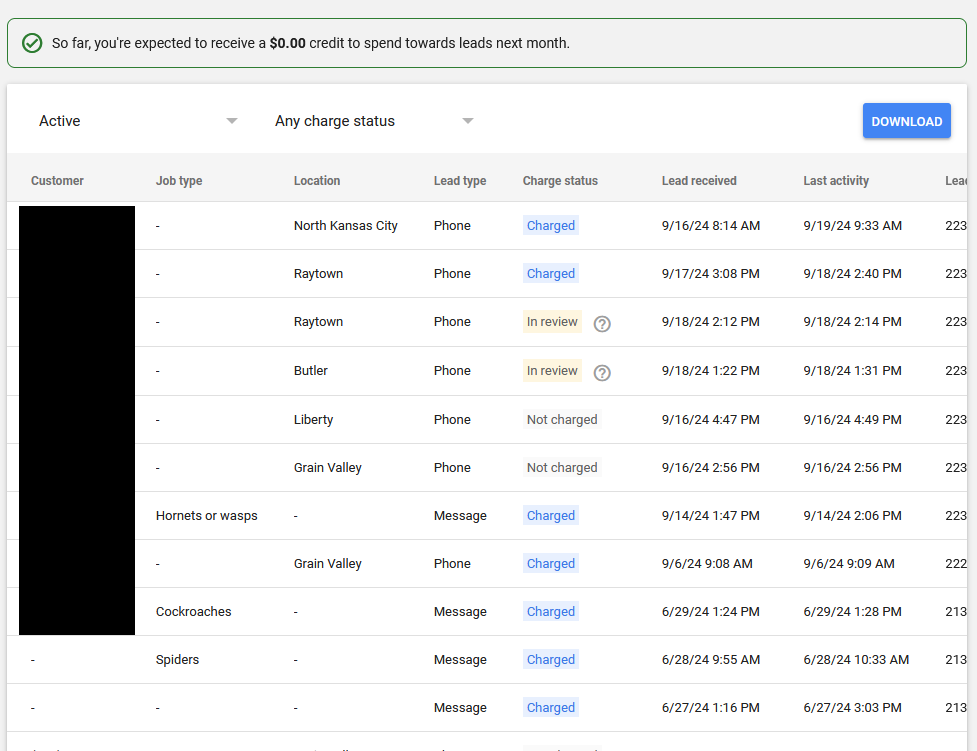 Table of job data with columns for location, charge status, and timestamps.