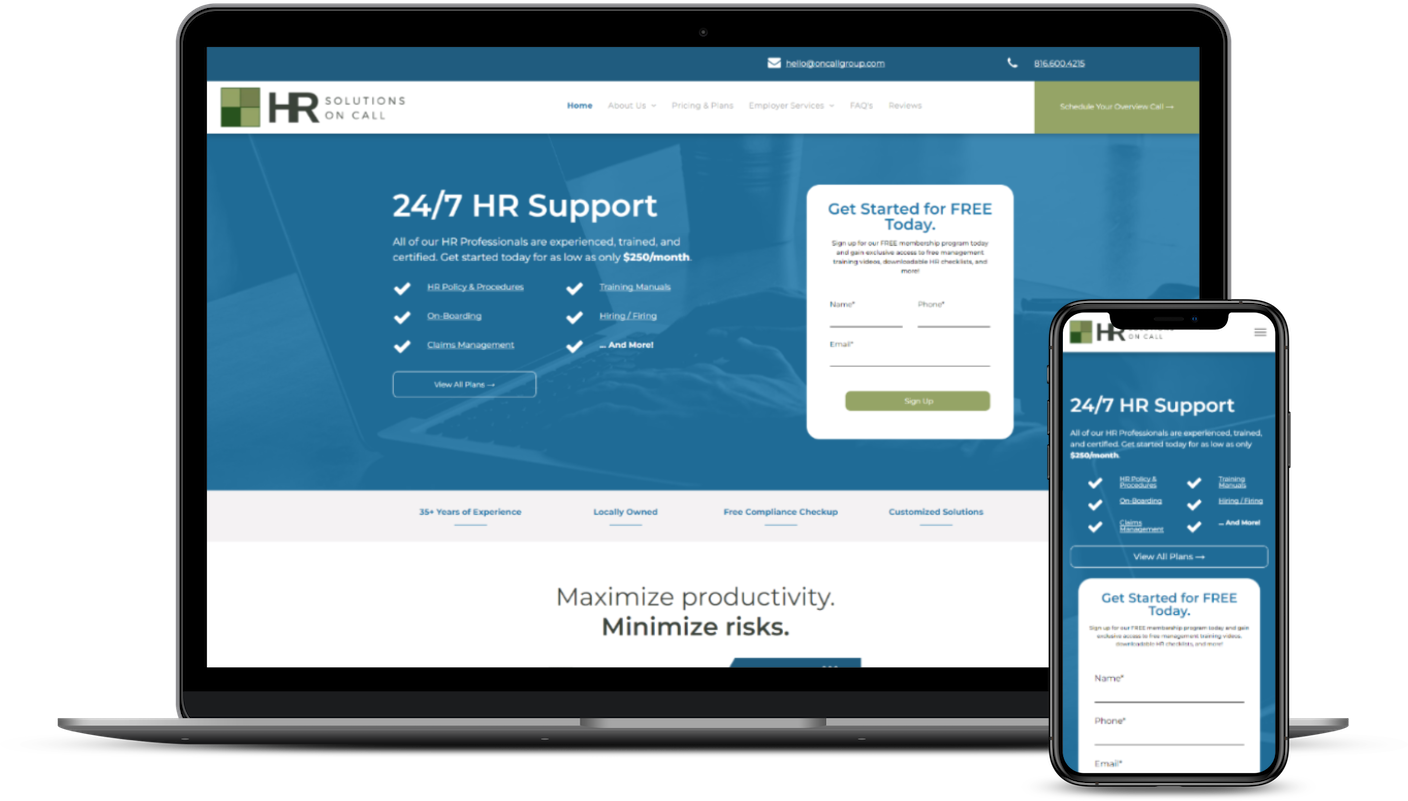 HR Support website displayed on laptop and phone. Blue and green color scheme, offering 24/7 HR support.