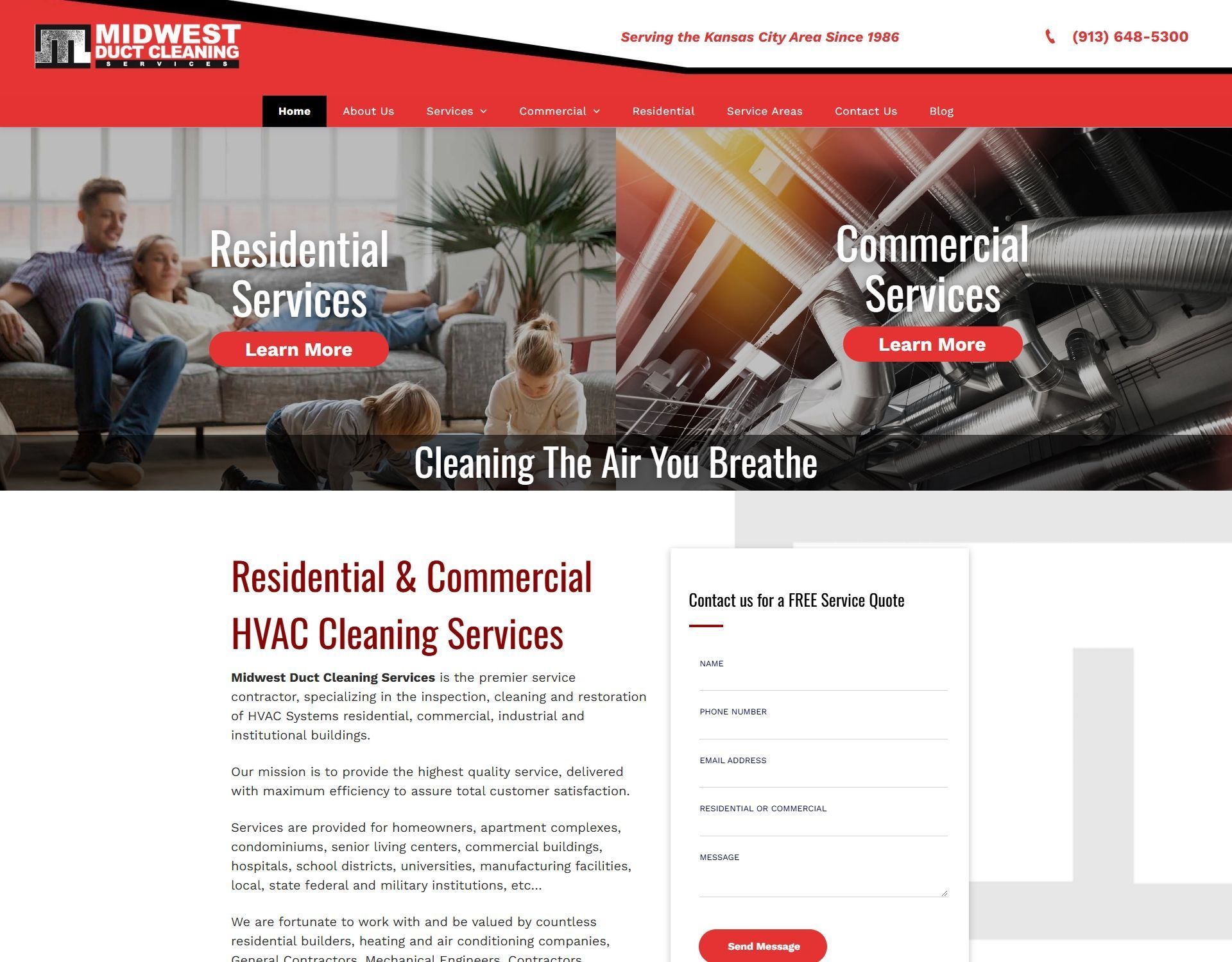 Midwest duct cleaning website homepage