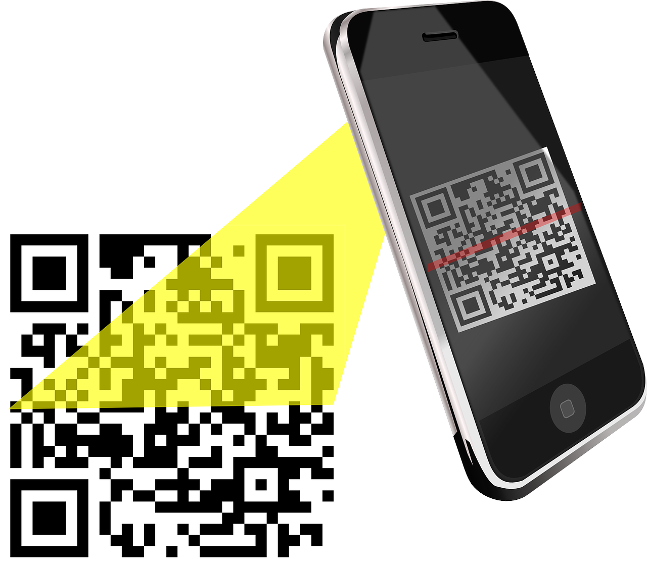 A smartphone scanning a QR code with a yellow light.
