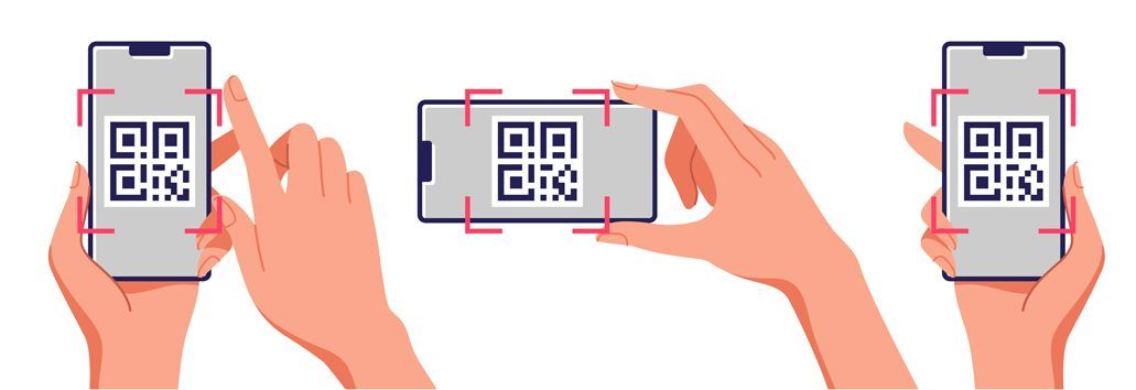Hands holding smartphones scanning a QR code, centered.