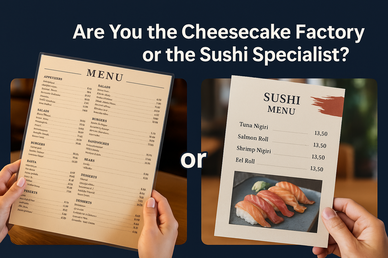 Hands holding restaurant menus, one with extensive options and the other sushi. Text asks, 