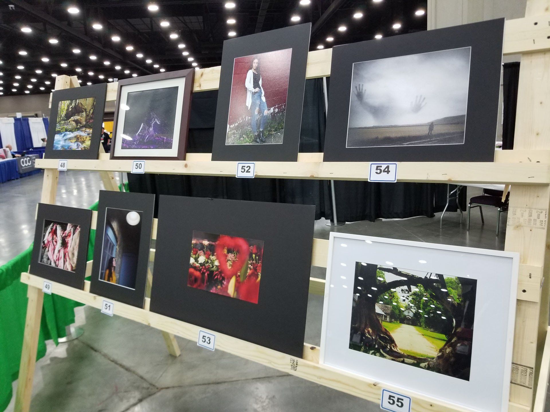 Art display: Photographs in frames of various sizes mounted on a wooden easel at an exhibition.