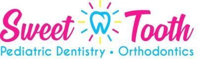 Logo for Sweet Tooth Pediatric Dentistry & Orthodontics, with a blue tooth icon and pink text.