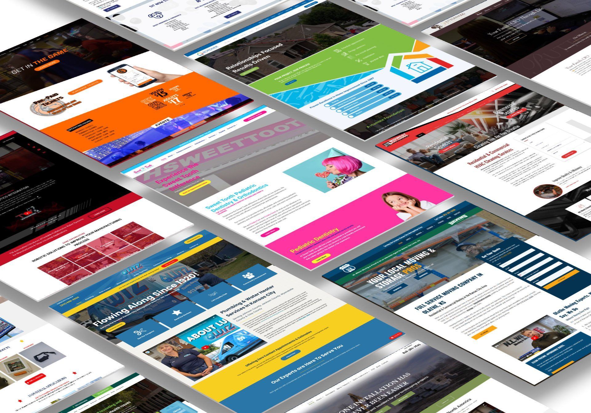 Websites on digital devices, angled view. Various layouts and colors.