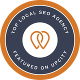Top Local SEO Agency badge, featured on UpCity. Dark blue and orange circle with linked, abstract logo.