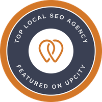 Top Local SEO Agency badge, featured on UpCity. Dark blue and orange circle with linked, abstract logo.