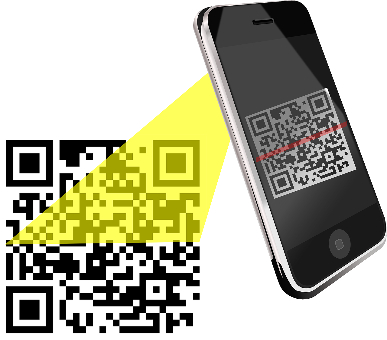 Smartphone scanning a QR code with a yellow beam of light.