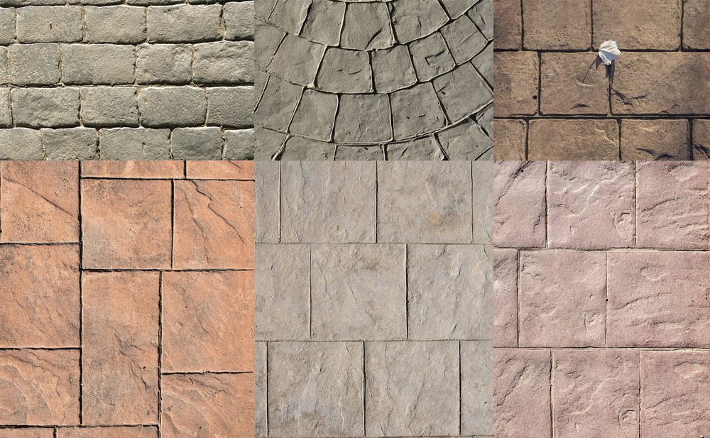 Styles and colors of decorative stamped concrete or stone paving patterns for outdoor surfaces