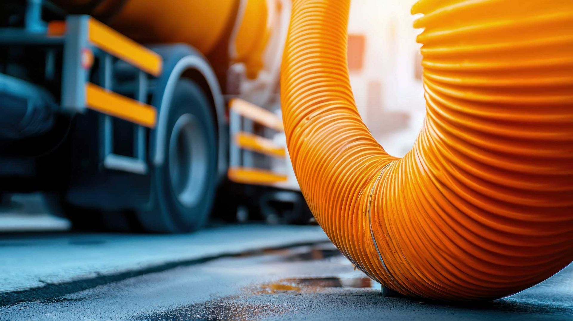 Close-up of a sanitation vehicle’s suction hose performing liquid trash removal service.
