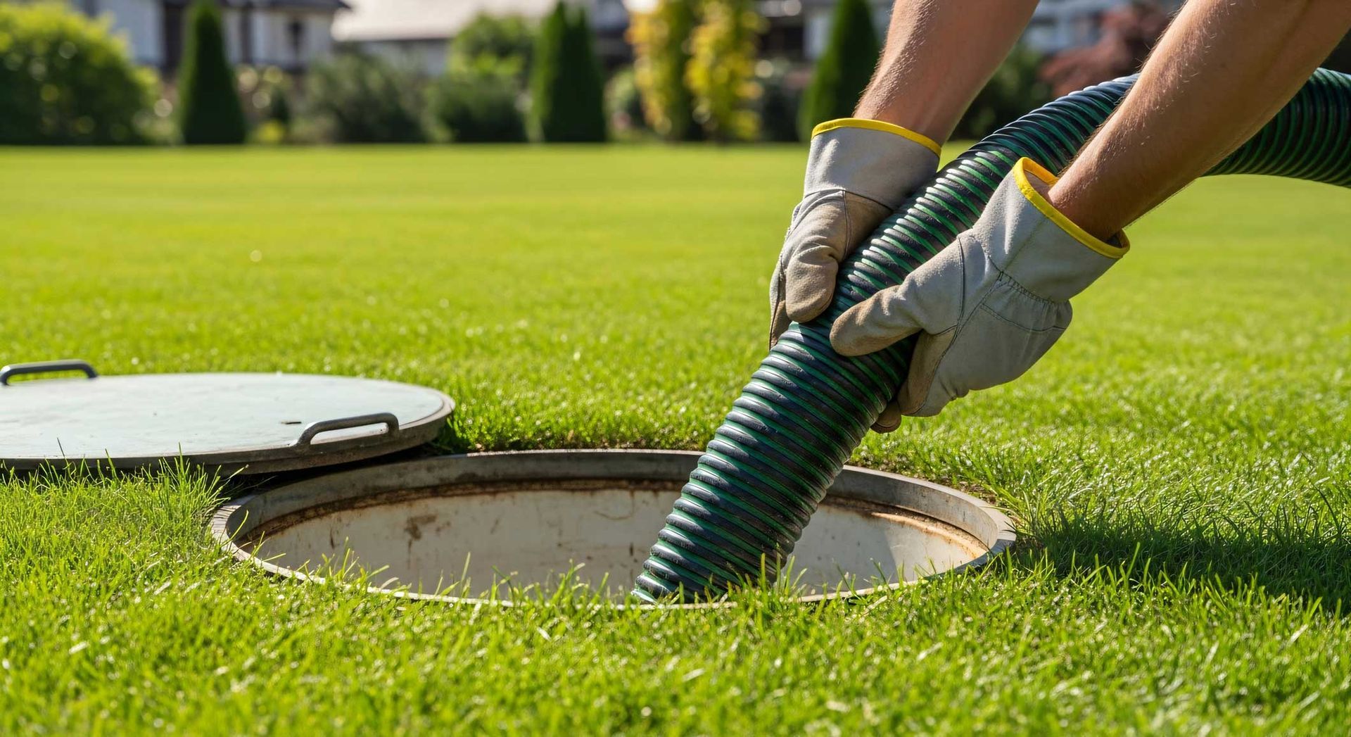 A person wearing work gloves inserts a green industrial vacuum hose into an open septic tank in a grassy yard.