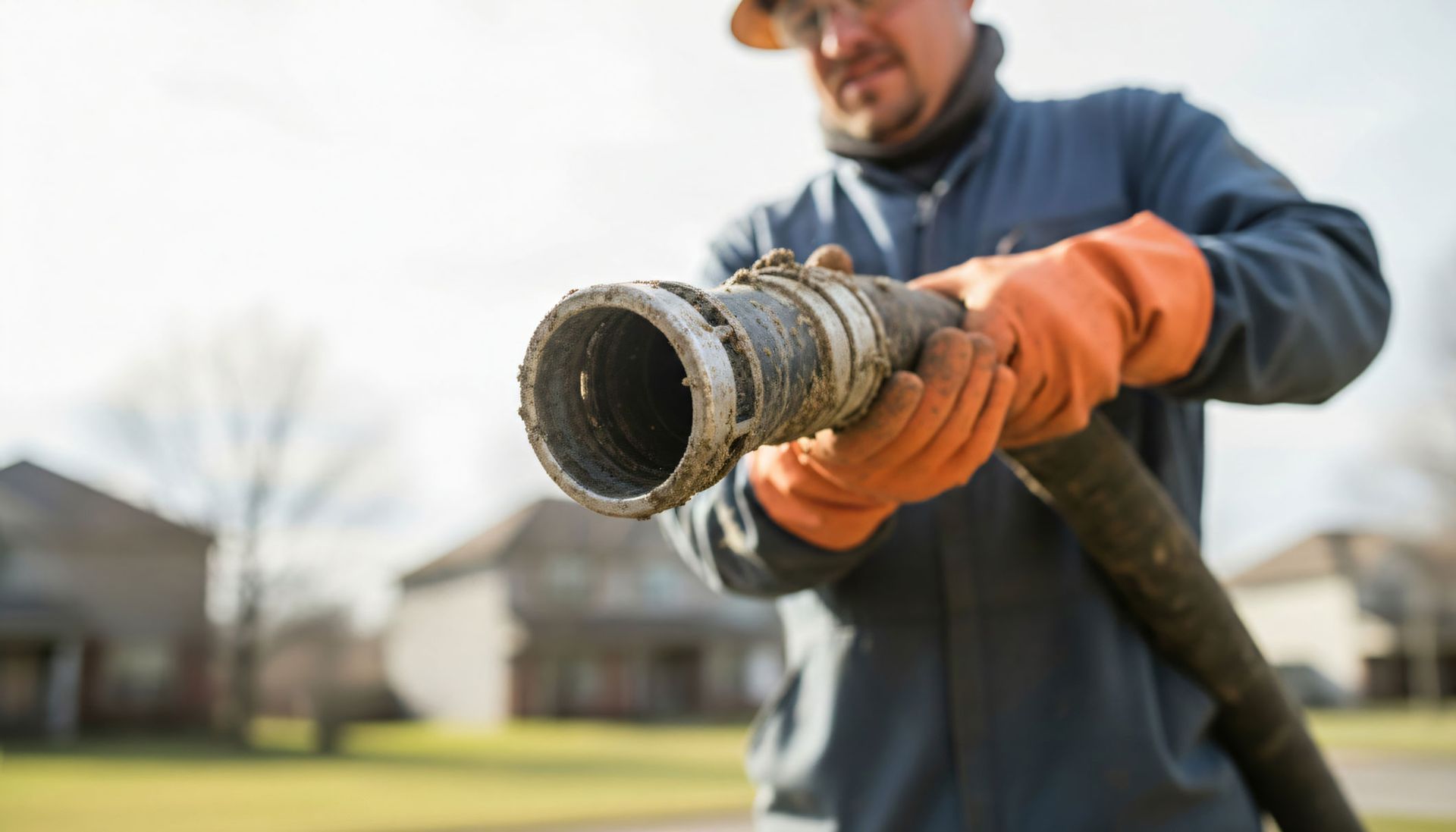 Professional technician using a suction hose for efficient liquid trash removal services.