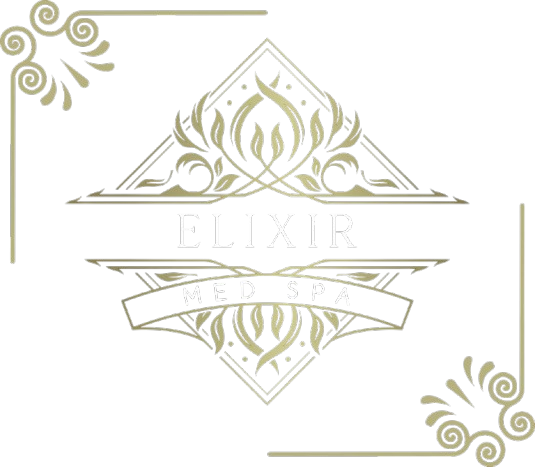A gold and white logo for elixir beauty spa