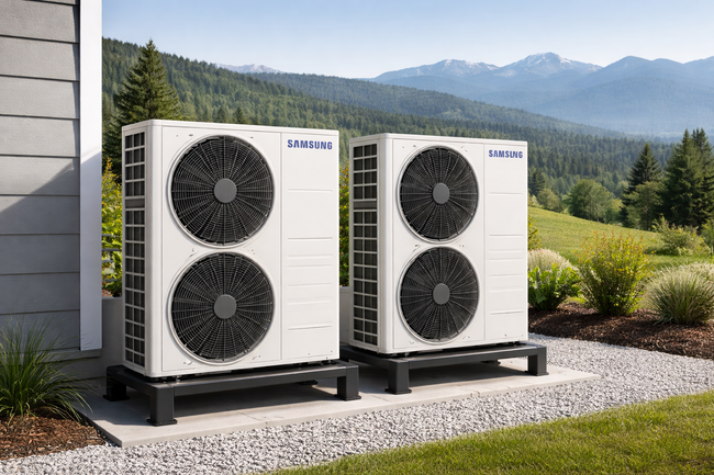Dual Samsung heat pump units installed on outdoor mounts with a clear view of the Cascade Mountains.
