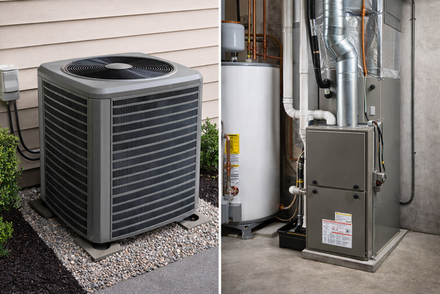 Side-by-side comparison of an outdoor AC condenser and an indoor furnace and water heater installation.
