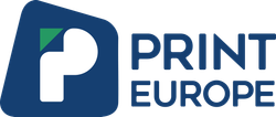 Le logo de print europe est bleu et blanc avec une feuille verte.